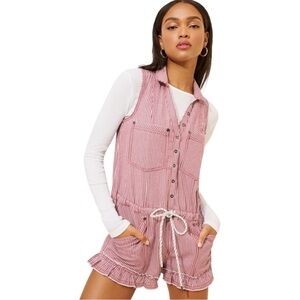 NWT Anthro Pilcro Sleeveless‎ Denim Drawstring Romper Red Railroad Stripes Small